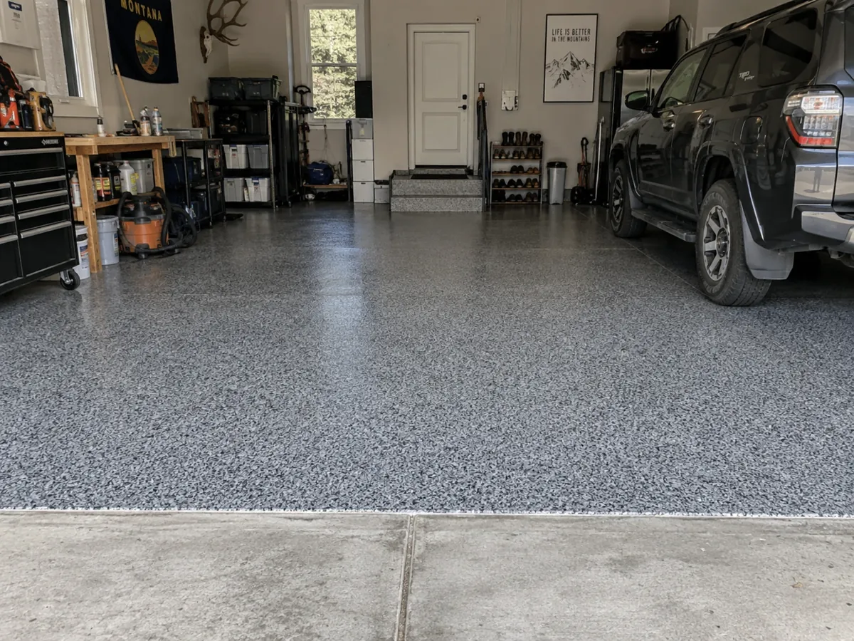 Finished decorative flake epoxy garage floor in a Sarasota home