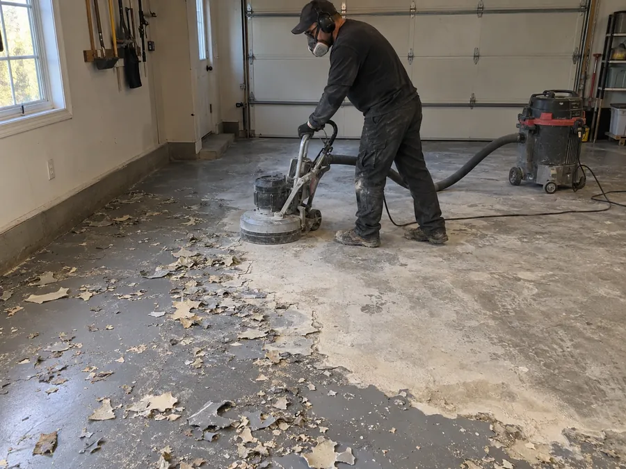 Old failed coating being removed from concrete