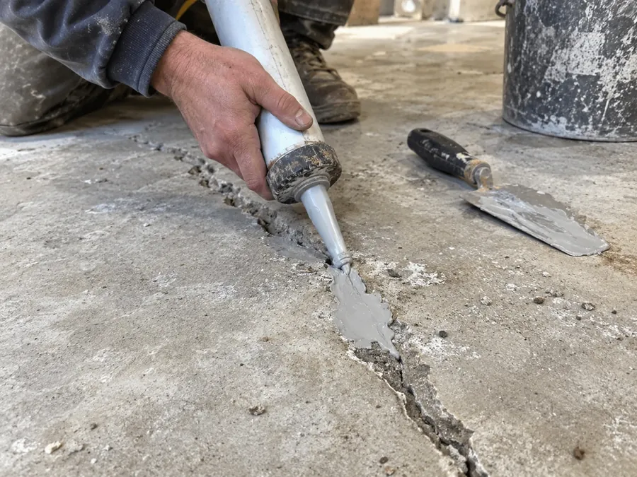Routing and filling a crack in concrete before coating