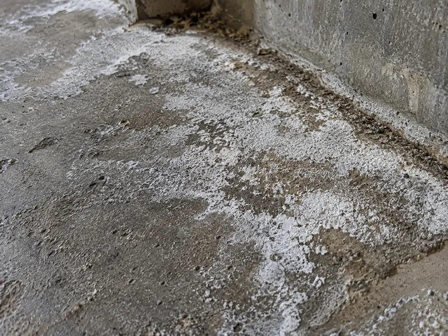 Efflorescence, a white mineral residue, on a concrete surface